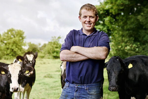 Farmer surrounded by his cows