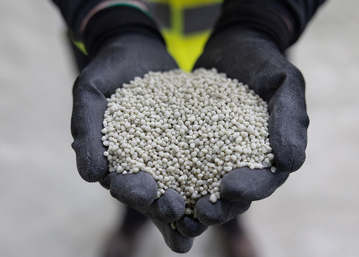 NitroFert worker holding fertiliser in gloved hands